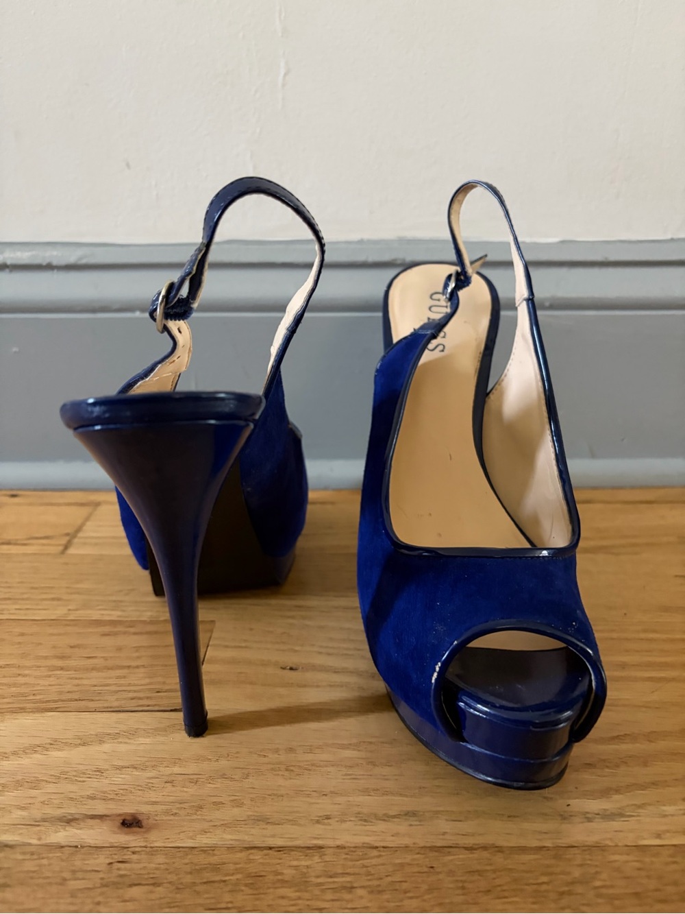 Guess Royal Blue Suede Peep-Toe Slingback Heels